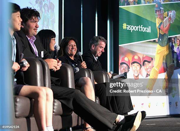 Guest speakers participate in panel discussion during the Cricket Australia via Getty Images Diversity and Inclusion Strategy Launch at Melbourne...