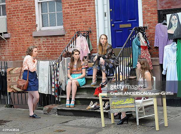 Lena Dunham, Allison Williams, Jemima Kirke and Zosia Mamet are seen filming the HBO series 'Girls' on May 25, 2012 in New York City.