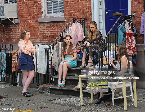 Lena Dunham, Allison Williams, Jemima Kirke and Zosia Mamet are seen filming the HBO series 'Girls' on May 25, 2012 in New York City.