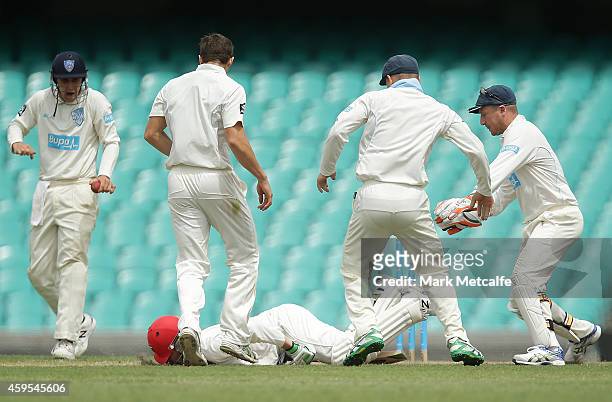 Phillip Hughes of South Australia falls to the ground after being struck in the head by a delivery during day one of the Sheffield Shield match...