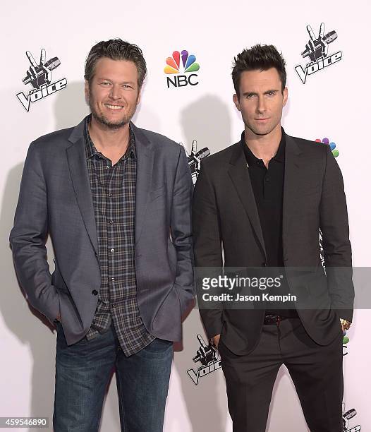 Singers Blake Shelton and Adam Levine attend NBC's "The Voice" Season 7 Red Carpet Event at Universal CityWalk on November 24, 2014 in Universal...