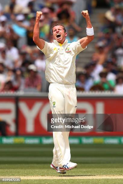 Peter Siddle of Australia celebrates his dismissal of Michael Carberry of England during day three of the Fourth Ashes Test Match between Australia...
