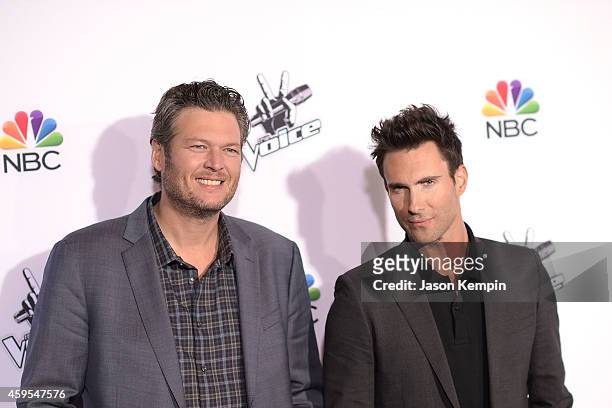 Singers Blake Shelton and Adam Levine attend NBC's "The Voice" Season 7 Red Carpet Event at Universal CityWalk on November 24, 2014 in Universal...
