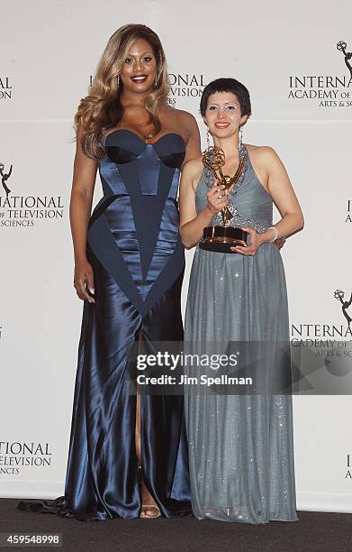 Actress and presenter Laverne Cox and Emmy Award winner for Documentary 'Frihet bakom galler' Co-director and producer Maryam Ebrahimi pose in the...