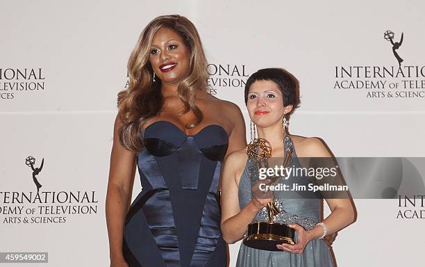 Actress and presenter Laverne Cox and Emmy Award winner for Documentary 'Frihet bakom galler' Co-director and producer Maryam Ebrahimi pose in the...