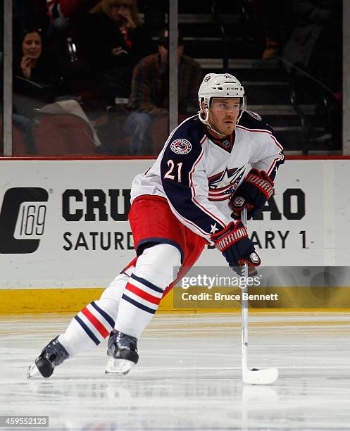 James Wisniewski of the Columbus Blue Jackets skates against the New Jersey Devils at the Prudential Center on December 27, 2013 in Newark, New...