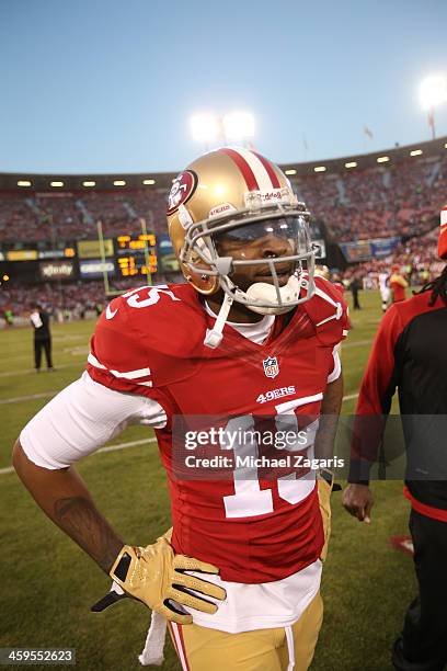 Michael Crabtree of the San Francisco 49ers stands on the field prior to the game against the Atlanta Falcons at Candlestick Park on December 23,...