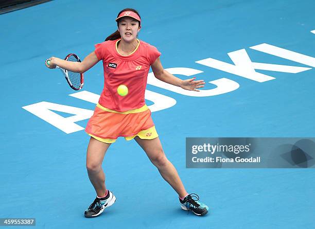 Japan's Sachie Ishizu competes against Sacha Jones of Australia in day one of qualifying at the ASB Classic 2014 WTA International tennis tournament...