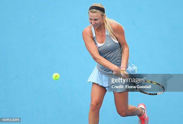 Australia's Sacha Jones competes against Japan's Sachie Ishizu in day one of qualifying at the ASB Classic WTA International Tennis Tournament at the...