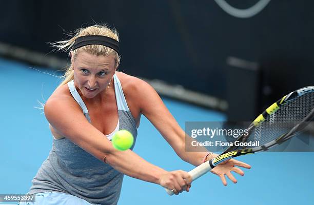 Australia's Sacha Jones competes against Japan's Sachie Ishizu in day one of qualifying at the ASB Classic WTA International Tennis Tournament at the...