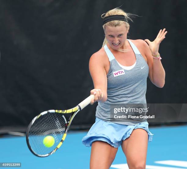 Australia's Sacha Jones competes against Japan's Sachie Ishizu in day one of qualifying at the ASB Classic WTA International Tennis Tournament at the...