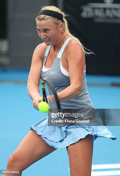 Australia's Sacha Jones competes against Japan's Sachie Ishizu in day one of qualifying at the ASB Classic WTA International Tennis Tournament at the...