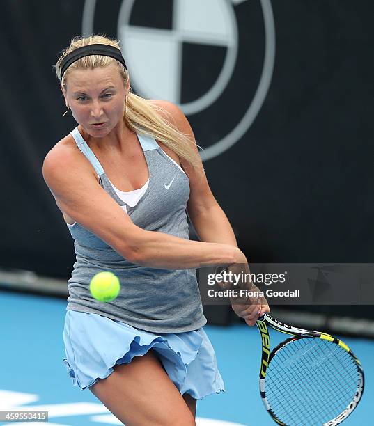 Australia's Sacha Jones competes against Japan's Sachie Ishizu in day one of qualifying at the ASB Classic WTA International Tennis Tournament at the...