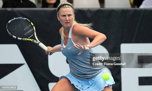 Australia's Sacha Jones competes against Japan's Sachie Ishizu in day one of qualifying at the ASB Classic WTA International Tennis Tournament at the...