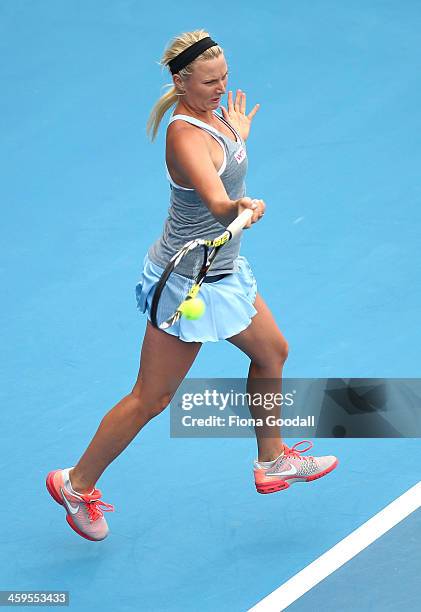 Australia's Sacha Jones competes against Japan's Sachie Ishizu in day one of qualifying at the ASB Classic WTA International Tennis Tournament at the...