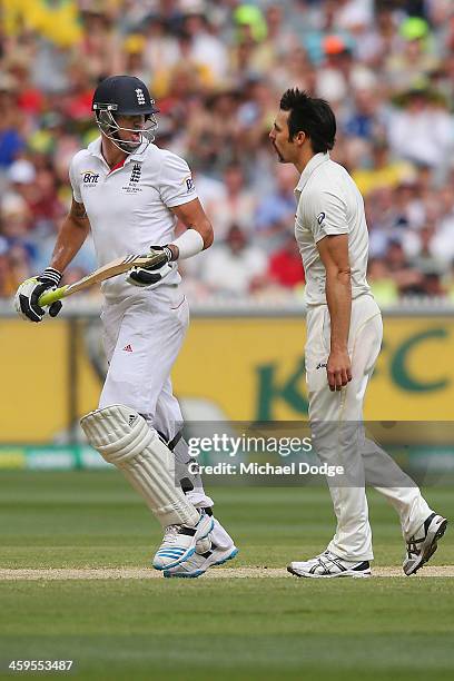 Kevin Pietersen of England and Mitchell Johnson of Australia have a confrontation on the pitch during day three of the Fourth Ashes Test Match...