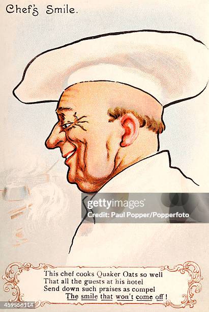 Vintage illustration featuring a smiling chef advertising Quaker Oats, circa 1930.