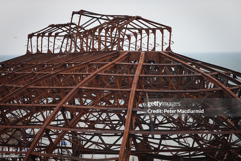 Work Begins To Dismantle The Fire Damaged Eastbourne Pier Steel Carcass