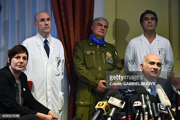 Cecilia Strada , president of Emergency and wife of the charity's founder, and Giuseppe Ippolito , scientific director, speak during a news...