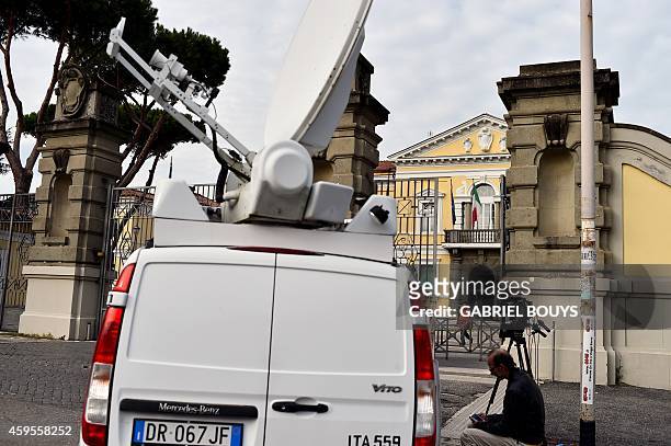 Truck is seen in front of the main entrance of the Lazzaro Spallanzani Institute in Rome on November 25, 2014. A doctor, 50-years old from Sicily...