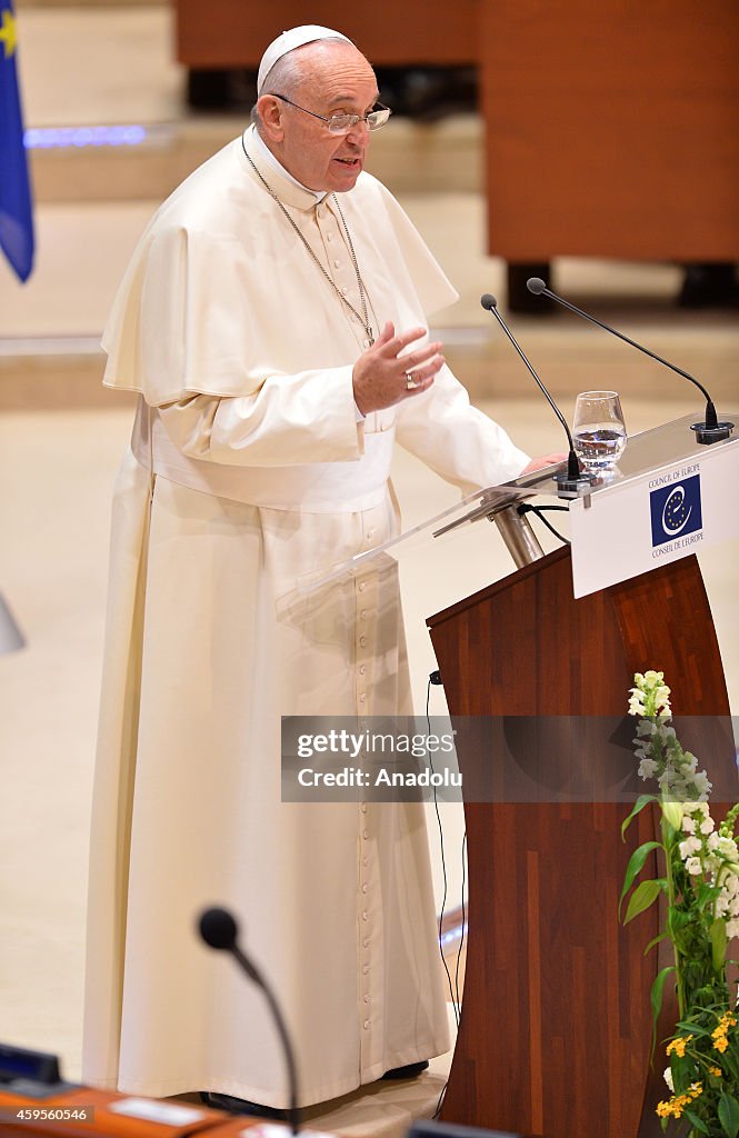 Pope Francis speaks at the European Parliament in Strasbourg...