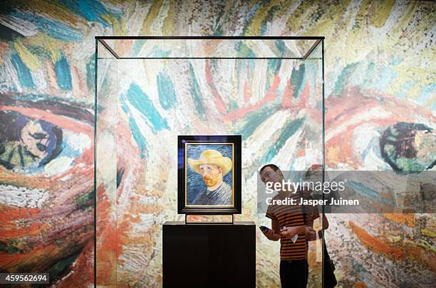 Visitor looks at a self portrait of Dutch Post-Impressionist painter Vincent van Gogh on the ground floor of the Vincent van Gogh museum on November...