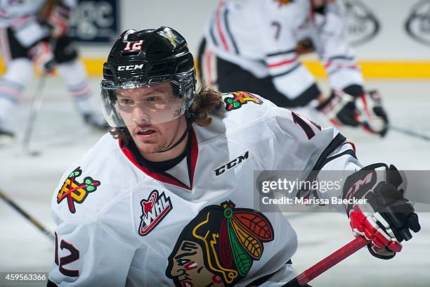 Miles Koules of Portland Winterhawks warms up against the Kelowna Rockets on November 21, 2014 at Prospera Place in Kelowna, British Columbia, Canada.