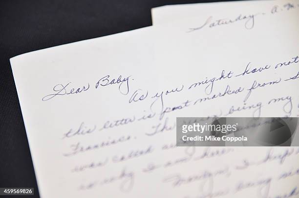 View of a love letter written by Marilyn Monroe's ex-husband Joe Dimaggio as part of the Lost Archives of Marilyn Monroe at The Ross Art Group on...