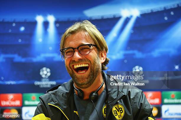 Jurgen Klopp manager of Borussia Dortmund laughs during a Borussia Dortmund press conference, ahead of the UEFA Champions League Group D match...