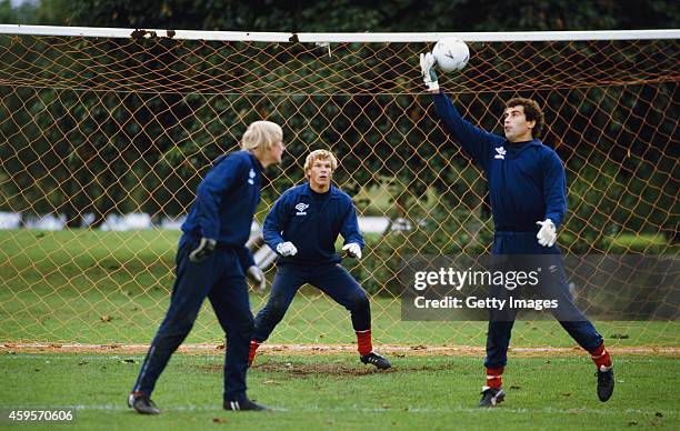 England goalkeepers from left, Gary Bailey, Chris Woods and Peter Shilton pictured in training circa 1984.