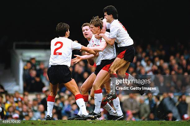 Forest goalscorer Stuart Pearce is congratulated by left to right, Brian Laws, Lee Chapman and Steve Hodge during a League Division One match between...