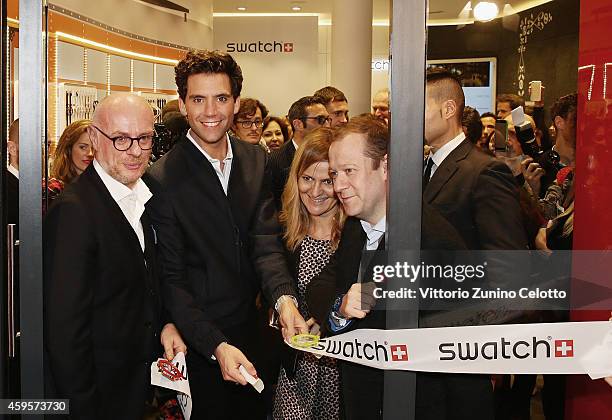 Carlo Giordanetti, Mika, Francesca Ginocchio, Gonzalo De Cevallos attend the Swatch New Flagship Store on November 25, 2014 in Milan, Italy.