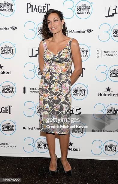 Actress Rosario Dawson, wearing Piaget Rose Dentelle earrings, attends the 30th Film Independent Spirit Awards Nominations Press Conference at the W...