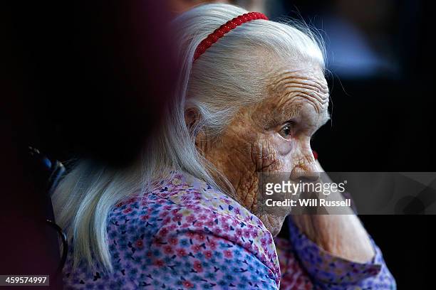 The wife of the late Harry Hopman, Lucy Hopman looks on from the stands during day one of the 2014 Hopman Cup at Perth Arena on December 28, 2013 in...
