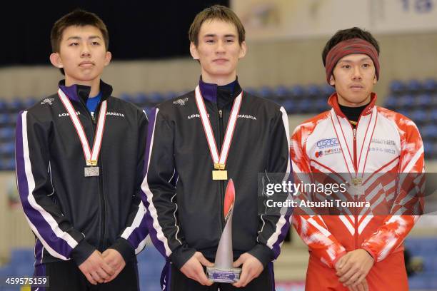 Seitaro Ichinohe of Japan poses with his silver medal, Shane Williamson of Japan poses with his gold medal and Norimasa Zaike of Japan poses with his...