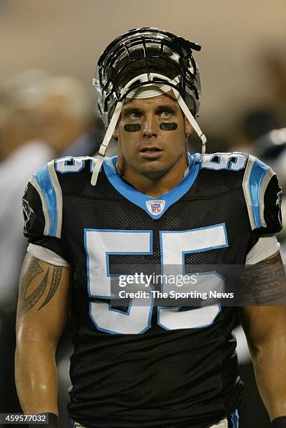 Dan Morgan of the Carolina Panthers participates in warm-ups before a game against the Green Bay Packers on October 3, 2005 at the Bank of America...