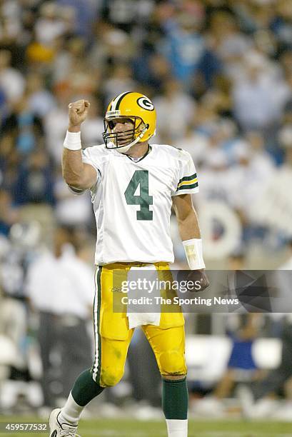 Brett Favre of the Green Bay Packers celebrates during a game against the Carolina Panthers on October 3, 2005 Bank of America Stadium in Charlotte,...