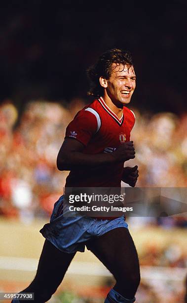 Manchester United player Bryan Robson in action during a Canon League Division One match between Manchester United and QPR at Old Trafford on October...