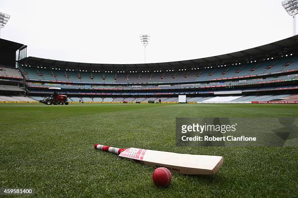 Bat and ball are seen on the turf ahead of day 2 of the Sheffield Shield match between Victoria and Western Australia at Melbourne Cricket Ground on...