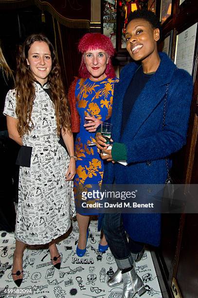 Donna Wallace, Ashley Williams and Katie Greenyer attend the Ashley Williams x Red or Dead preview dinner at Rules Restaurant on November 25, 2014 in...