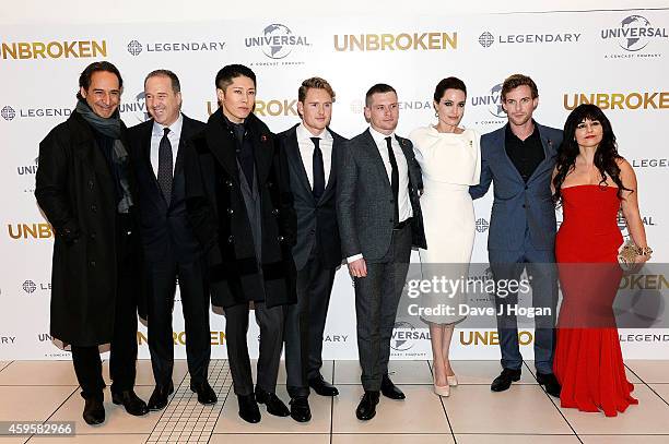 Alexandre Desplat, Matthew Baer, Miyavi, Ross Anderson, Jack O'Connell, Angelina Jolie, Luke Treadaway and Maddalena Ischiale attend the UK Premiere...