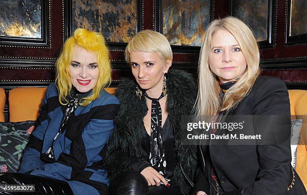 Pam Hogg, Sharna Liguz and Lee Starkey attend the launch of the Rockins For Eyeko collection at The Scotch of St James on November 25, 2014 in...