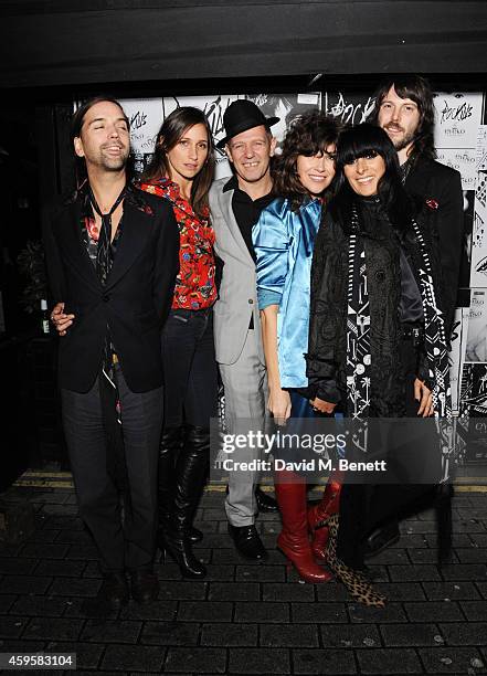 Alister Mackie, Rosemary Ferguson, Paul Simonon, Jess Morris, Serena Rees and Tim Rockins attend the launch of the Rockins For Eyeko collection at...