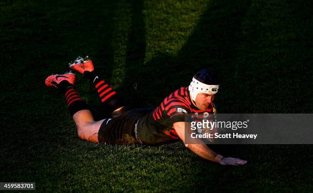 Schalk Brits of Saracens scores a try during the Aviva Premiership match between Worcester Warriors and Saracens at Sixways Stadium on December 28,...