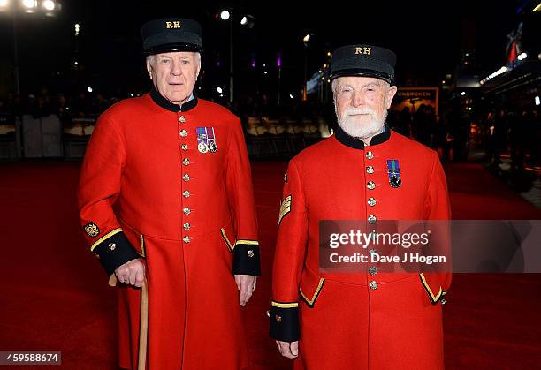 Chelsea pensioners Cecil Baker and James Walter Fellows attend the UK Premiere of "Unbroken" at Odeon Leicester Square on November 25, 2014 in...