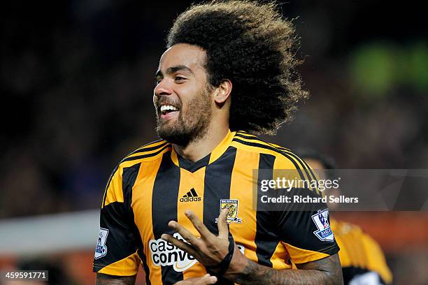 Tom Huddlestone of Hull City celebrates after scoring Hulls 4th goal during the Barclays Premier League match between Hull City and Fulham at KC...