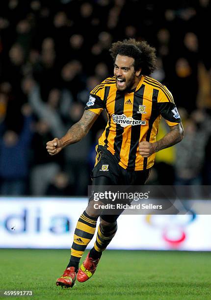 Tom Huddlestone of Hull City celebrates after scoring Hulls 4th goal during the Barclays Premier League match between Hull City and Fulham at KC...