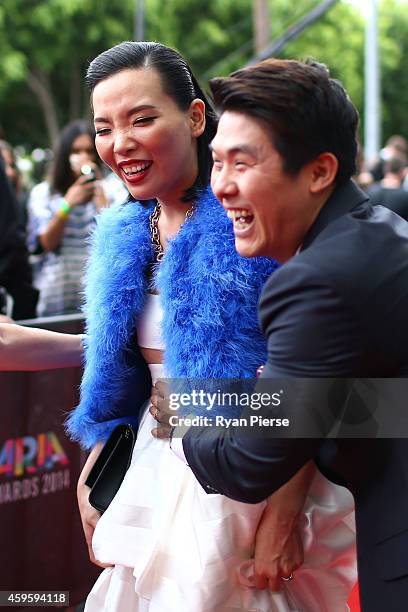 Dami Im and her husband Noah Kim arrive at the 28th Annual ARIA Awards 2014 at the Star on November 26, 2014 in Sydney, Australia.