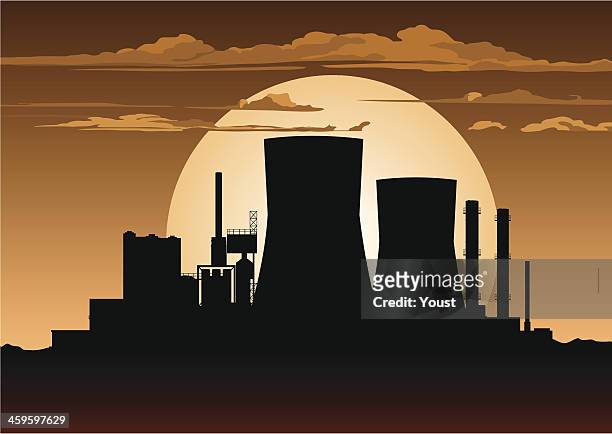illustrazioni stock, clip art, cartoni animati e icone di tendenza di centrale nucleare di notte - nuclear energy