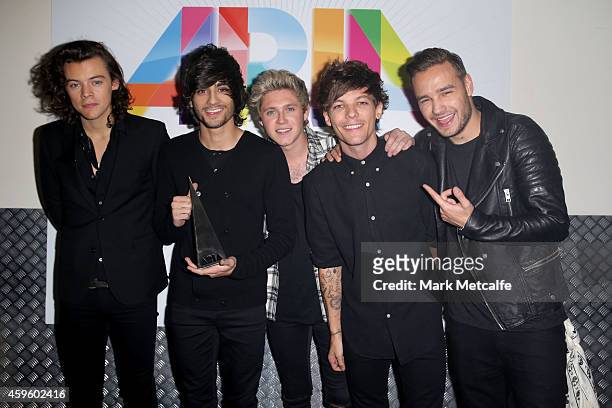 One Direction Harry Styles, Zayn Malik, Niall Horan, Louis Tomlinson and Liam Payne pose for a portrait backstage during the 28th Annual ARIA Awards...